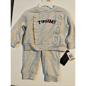 Tommy Hilfiger Girls  12 Mo  2-Piece Monogram Ruffle Gray Top & Joggers Set